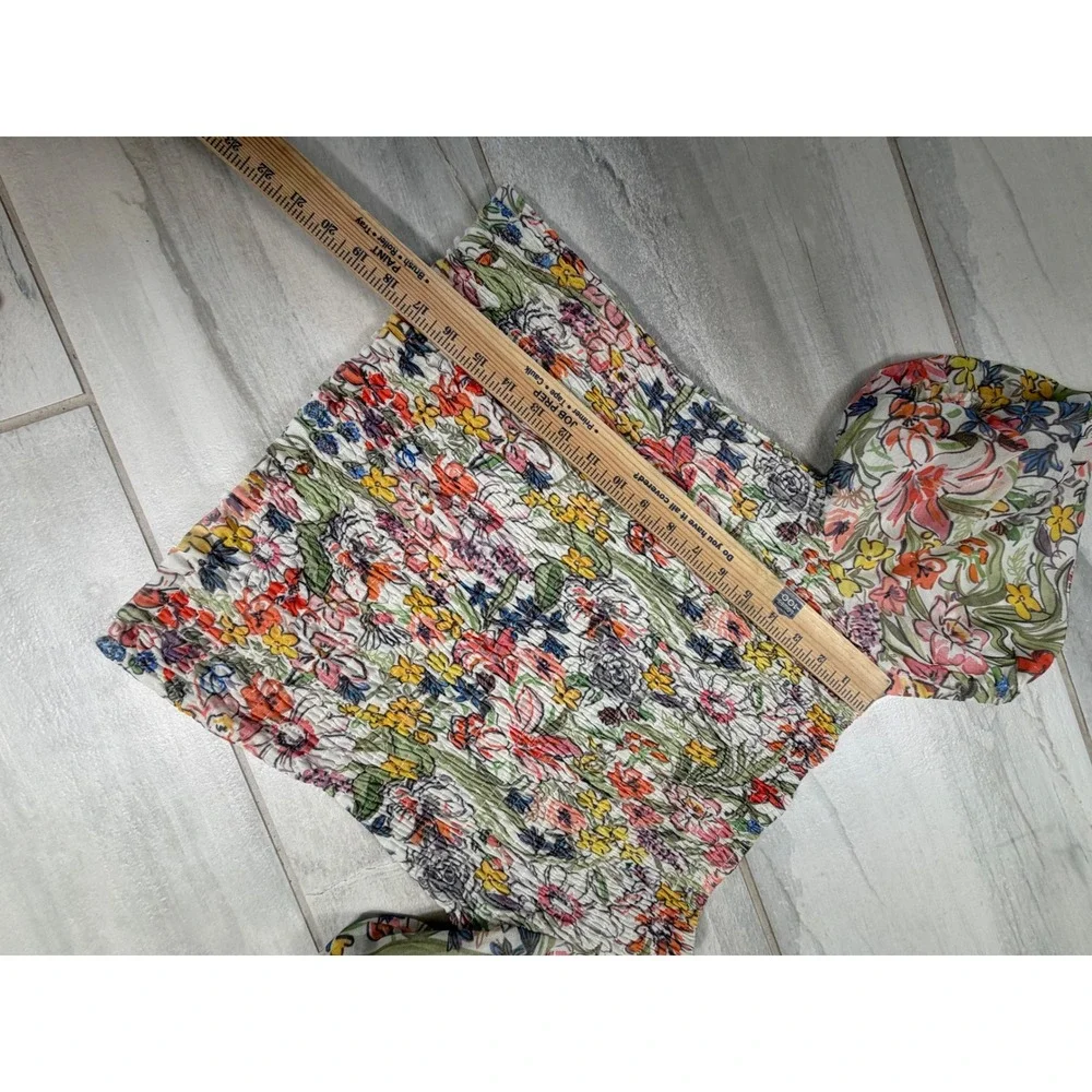 Anthropologie Floral Smocked Puff Sleeve Top Multi Color Square Neck Large
